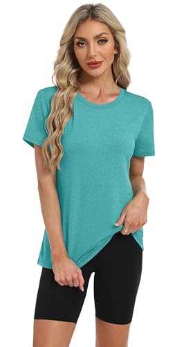 NIASHOT Womens T Shirts Pilates Outfits for Women Gym Clothes for Woman Summer Women's Clothing Athletic Tops Athletic Gym Loose Fit Activewear,Tshirts Aqua M
