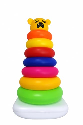 Image of Pyramid 7 Ring Stacking Toy for Babies with Bear Topper | Colorful Rainbow Rings | Educational Learning Toy for Kids 1-3 Years | Includes 1 Stacking Base, 7 Rings, 1 Bear Topper