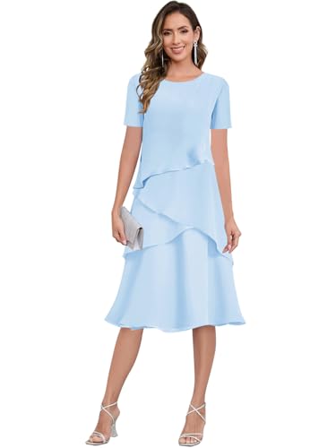 AIHKO Short Sleeve Tea Length Mother of The Bride Dress Light Blue for Women Boat Neck Pleated Chiffon Ruffles Mother of The Groom Dress Size 10