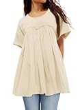 Tankaneo Womens Oversized Babydoll Tunic Tops Pleated Short Sleeve T Shirts Summer Casual Patchwork Loose Fit Blouse Khaki