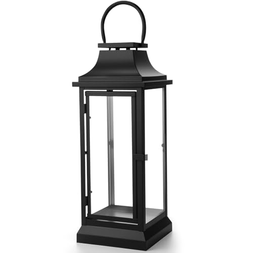 Nuogo 25 Inch Large Metal Lanterns with Glass Panels Black Hangin...