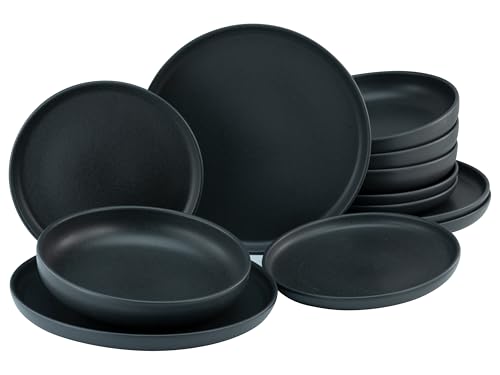 CreaTable, 22979, Serie uno BLACK, 12-teiliges Geschirrset, Teller Set aus Steinzeug, spülmaschinen- und mikrowellengeeignet, Made in Portugal