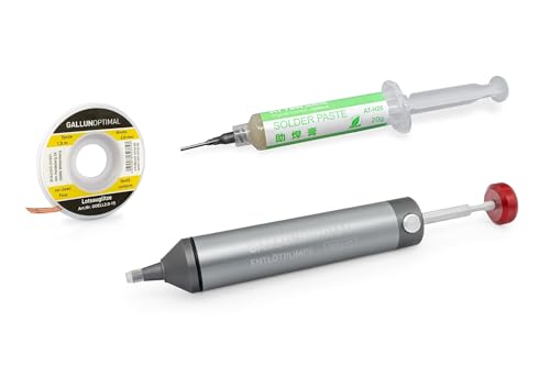 GALLUNOPTIMAL Aluminium ESD Entlötpumpen PROFI SET für händische Lotzinnabsaugung - professionelle Aluminium-Ausführung mit Silikonsauger + Lötlitze + Flussmittel-Gel