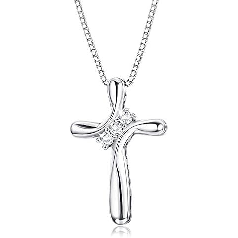 FUNRUN JEWELRY 925 Sterling Silver Cross Necklace for Women 3-Stone Cubic Zirconia Silver Cross Pendant Necklaces with 1MM Box Chain,18 Inches Cover