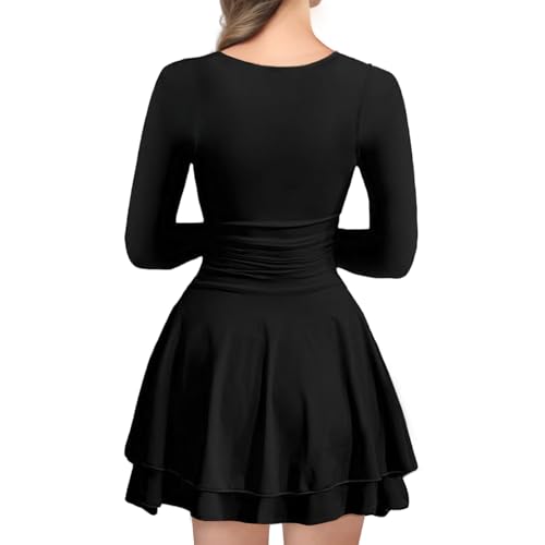 Women's Square Neck Long Sleeve Mini Dress, Bodycon Ruffle Hem Short Ruched Waist Party Club Dresses3