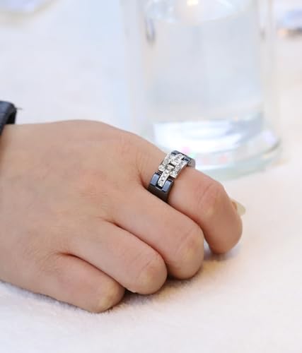 Ceramic Wedding Band Ring for Women Stackable Rings, Polished Ceramic with Stainless Steel & Zirconia Patchwork (8mm-Black, 7)4