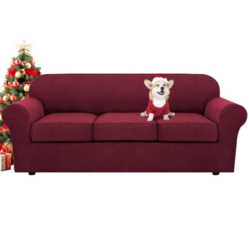 H.VERSAILTEX 4 Piece Stretch Sofa Covers for 3 Cushion Couch Covers for Living Room Furniture Slipcovers (Base Cover Plus 3 Seat Cushion Covers) Upgraded Thicker Jacquard Fabric (Sofa, Burgundy)