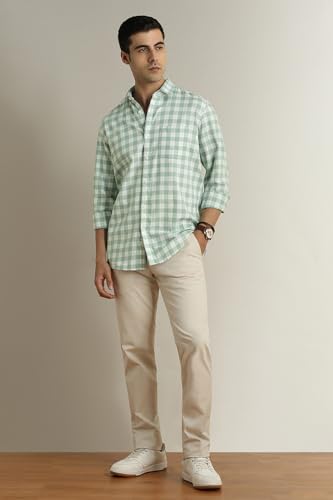 Image of Peter England Men's Checkered Cotton Shirt | Smart Casual | Full Sleeves Slim Fit