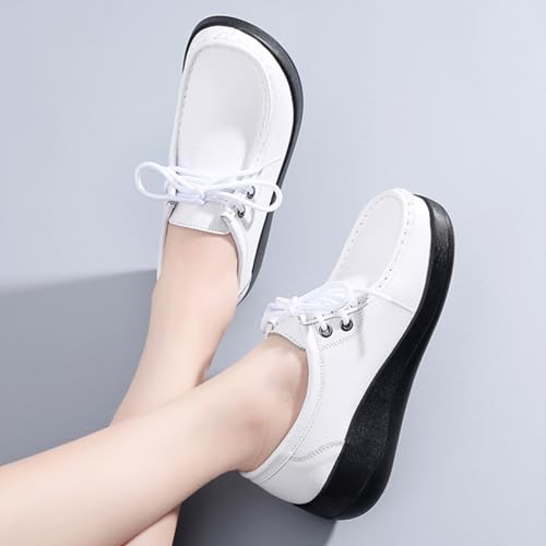 Image of Women's Leather Lace up Slip On Platform Loafers,Comfortable Arch Support Round Toe Wedge Moccasins Non-Slip Increase Height Nurse Work Shoes