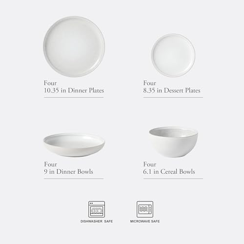 Image of Gibson Elite Beckett Stoneware Matte Reactive Glaze 16 Piece (Service for 4) Plates and Bowls Dinnerware Set - Linen White