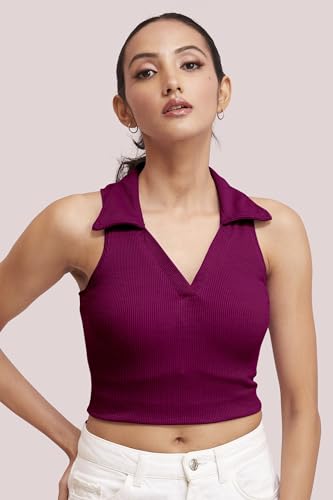 Image of BERRY BIRD Stylish Sleeveless V-Neck Slim Fit Collar Ribbed Knit Tank Crop Tops for Women & Girls Beach and Gym Wear and Western Trendy Fashion
