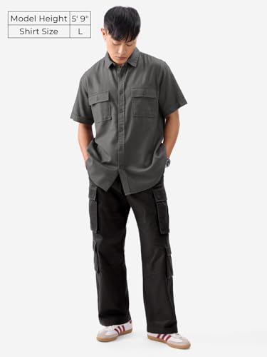 Image of The Souled Store Solids: Men and Boys Short Sleeve Collared Neck Button Front Cotton Shirts