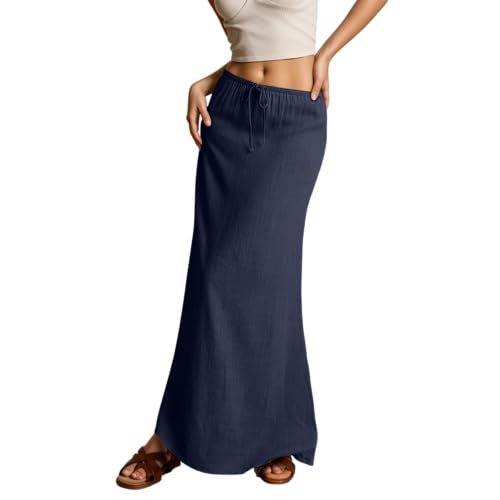 Women's Cotton Linen Long Skirt Summer Solid Drawstring Elastic Waist Casual Flowy Ankle Length Maxi Skirt