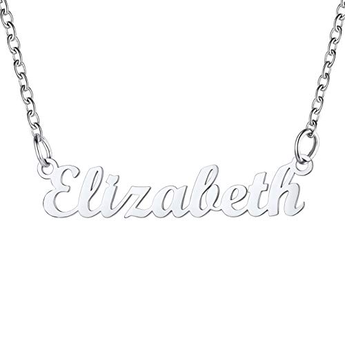 U7 Women Girls Name Necklace Graduation Gift Stainless Steel Hypoallergenic Bar Pendant 18 Inch Choker with Name Elizabeth
