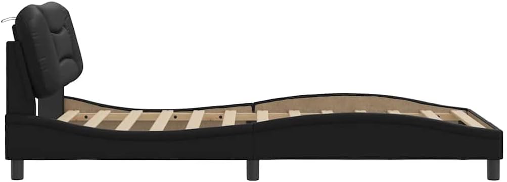 Twin Bed Frame Black Faux Leather with Padded Headboard and Storage, Sturdy Platform Foundation, Modern Minimalist Bedroom Furniture, Durable Slatted Frame for Mattress Support