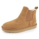 riemot Chelsea Ankle Boots for Women Genuine Suede Faux Fur Lining Winter Low Heel Mini Snow Boot Outdoor Non-Slip Thermal Shoes Cozy Slip On Elastic Booties Chestnut US7/EU38