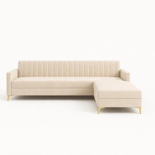 Image of SOCOZI Morello 4 Seater L Shape Sofa Set with Movable Ottoman | Flexible Left or Right Layout | Soft Velvet Suede Fabric | Modern Design | Plush Comfort Cushions for Living Room (Cream)