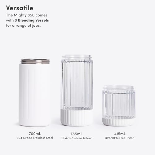 Image of Beast Mighty 850 Stainless Steel | Compact Personal Blender | Extra Vessels | Keeps Blends Cold | Smoothies, Shakes, Sauces, Dips | Portable Straw Caps and Lids | 850W (Cloud White)