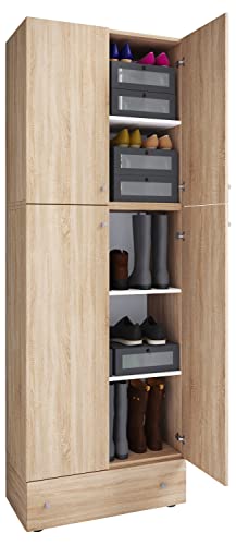 VCM Holz-Schuhschrank | Maße: H. 200 x B. 70 x T. 39 cm| Allzweckschrank | 5 Fächer | 4 Drehtüren | extra Schublade– Lona