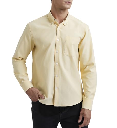 HISDERN Camisa de Hombre Manga Larga Oxford Casual Informal Camisas de algodón con Bolsillo Regular Fit Amarillo Claro 3XL