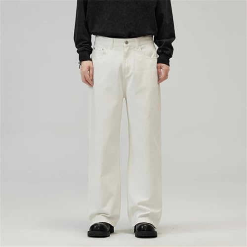 Men's Cotton Baggy Straight Jeans Breathable Soft Casual Trousers in White Brown Korean Style2