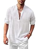 COOFANDY Mens Cotton Linen Shirt White Casual Summer Yoga T-Shirt Long Sleeve Kurta Shirts