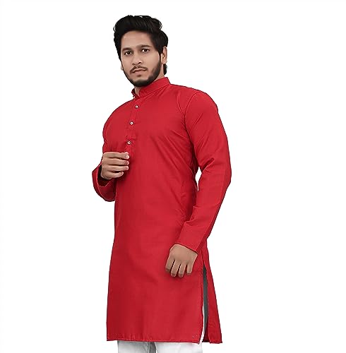 Image of Cotton Blend Full Sleeve Long Plain Kurta for Men
