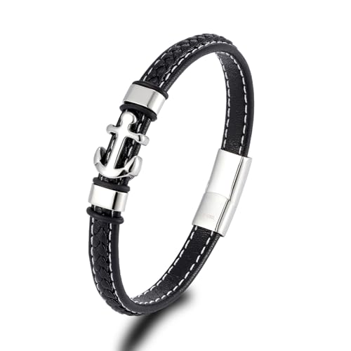 ATEIELLI Bracelet Homme Cuir Noir Ancre Marine Acier Inoxydable Fermoir 21.5cm B310 (Ancre)