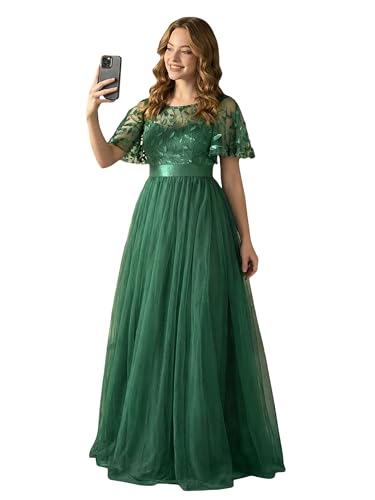 Image of Ever-Pretty Sequin Formal Prom Dresses for Women Ruffle Sleeves Empire Waist A-Line Long Mother of Bride Dress 00904