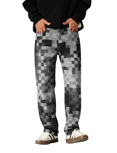 Men Check Mosaic Jacquard Weave Loose Straight Denim Jeans