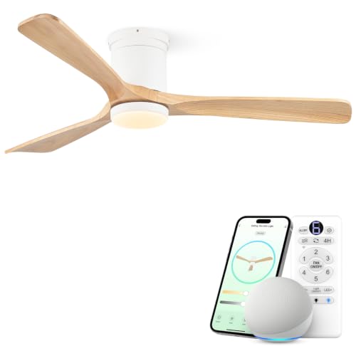 Image of 60 Inch Flush Mount Ceiling Fans with Lights, Low Profile Smart Ceiling Fan with Alexa & Remote Control, White Natural Wood 3 Blades Indoor Outdoor Ceiling Fans for Bedroom Living Room Patio