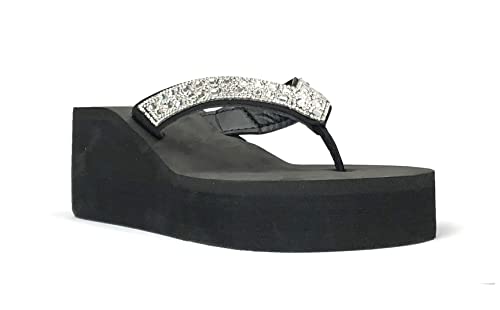 Image of REDVOLUTION New Women's Rhinestone Sandals High | Low Platform T-Strap Jewel Sandals High Wedge Flip Flops