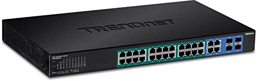Image of TRENDnet 28-Port Web Smart PoE+ Switch, 24 x Gigabit PoE+ Ports, 4 x Shared Gigabit Ports (RJ-45 or SFP), VLAN, QoS, LACP, IPv6 Support, 370W PoE Power Budget, Lifetime Protection, TPE-5028WS