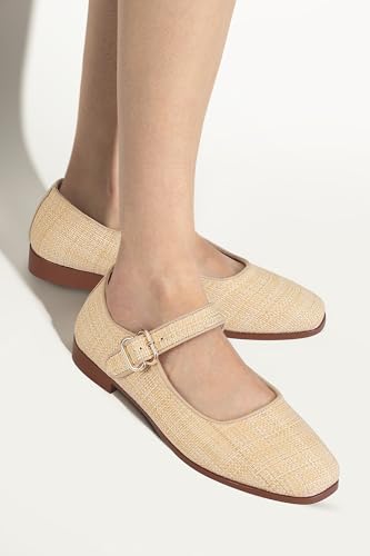 Image of DOEYG Raffia Mary Jane Ballet Flats for Women Square Toe Buckle Strap Ballerina Flats Comfortable Dress Shoes