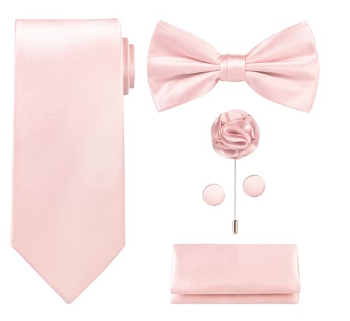 TIE G 5pcs Tie Set in Gift Box : Solid Color Necktie Satin Bow Tie Pocket Square Lapel Cuff Links (Blush Pink)