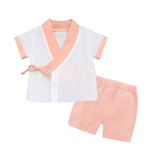 PAUBOLI Baby Kimono Robe Newborn Wrap Shirt Organic Cotton Pajamas Set (6-12 Months, Pink)