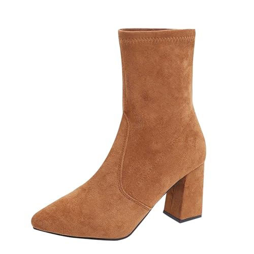 UK 5 Block Heeled Ankle Boots for Women Suede Pointed Toe Pull on Ladies Ankle Boot Fall Winter Faux Suede Rouched Shoes Footwear Brown