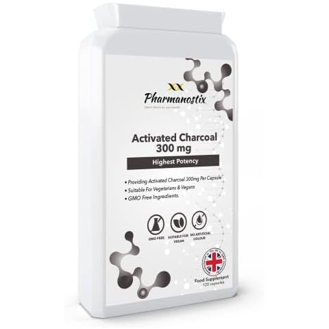 Activated Charcoal 300mg Vegan 120 Capsules (not Tablets) -Steam Activated from Coconut - Contributes to Reducing Excessive Flatulence - Natural Relief- Keto Friendly - UK Manufactured by Pharmanostix Cover