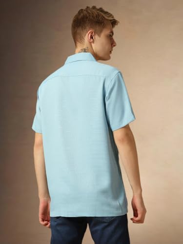Image of Dennis Lingo Men's Half Sleeve Cuban Collar Solid Textured Relaxed Fit Casual Shirt