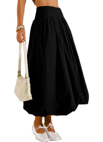 Women's Bubble Long Skirt Elastic Waist A-Line Pleated Ruffle Flowy Balloon Maxi Skirts with Pockets
