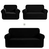 CHUN YI 1 Piece Stretch Sofa Slipcover Set for Couch and Loveseat and Armchair, Sofa Cover Set for 1 2 3 Seater Settee, Small Checks Jacquard Fabric (Black, Covers for Sofa& Loveseat & Chair)