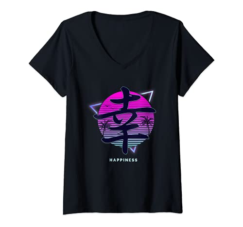 Mujer Felicidad Kanji Synthwave Estética Camiseta Cuello V