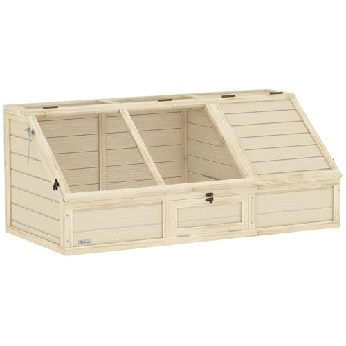 PawHut Casa per tartarughe in legno, recinto per tartarughe con due case principali, parte superiore apribile, chiave, gabbia per rettili per piccoli animali, conigli, 120 x 55 x 50 cm, naturale