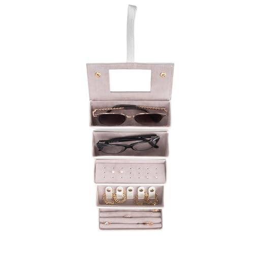 Image of Brouk & Co Leah 5 Eyewear & Jewelry Case - Pebbled Vegan Leather, Foldable Case, Snap Closure, Hanging Loop, Interior Mirror, 5 Compartments: Sunglasses and Jewelry (Pearl White)
