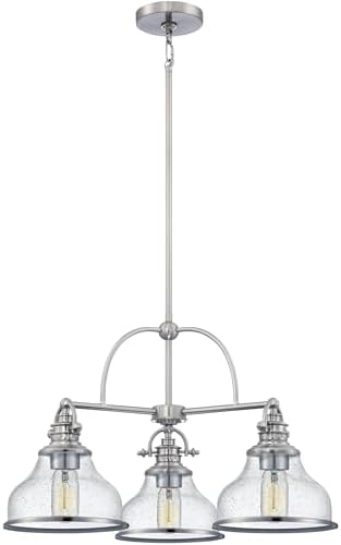 Quoizel Grant Island Chandelier, 24 Inch 3-Light Brushed Nickel Ceiling Light, 100W, Max Hanging Height 57", Clear Seeded Glass, Pendant Lights for Kitchen Island, Hallway, Dining, Bar or Office