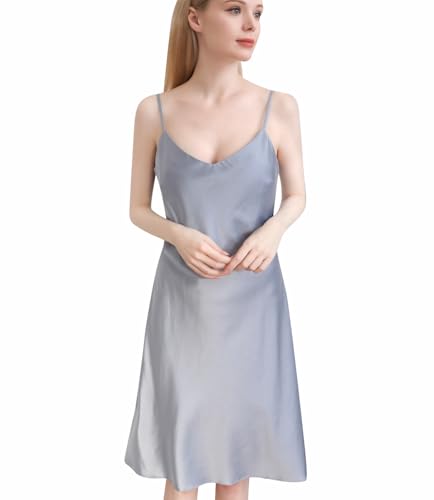 QENSILK Camisola feminina de seda 19 Momme Mulberry com decote em V, comprimento at&eacute; o joelho,...