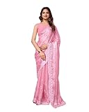 SHRI MADHU FASHION Saree for Women Silk and Heavy Embroidery Work With Wedding Wear Unstitched Blouse Piece (Pink)