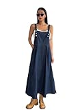 Milumia Women's Casual Denim Overall Dress Pocket Buttons Flared Hem Long Pinafore Dresses Dark Wash Blue Large