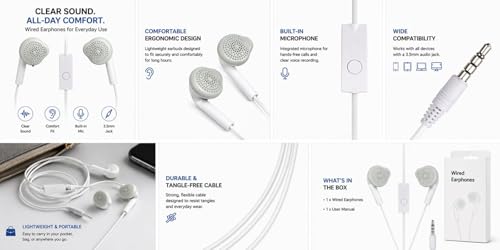Image of Compatible Wired Earphones with Mic | 3.5mm Jack | Pure Bass Sound | One Button Control | Comfortable in-Ear Fit | Works with Android & iOS Devices