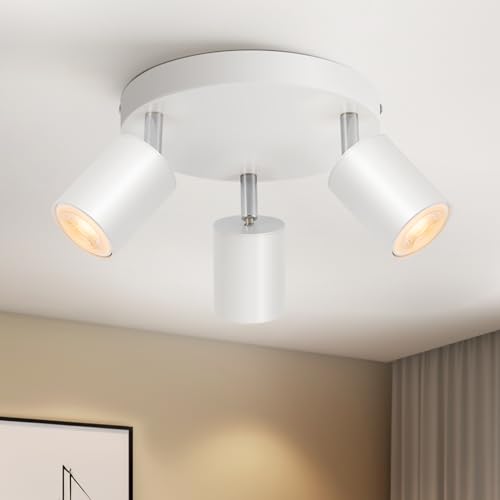 Schiele Lampara de Techo 3 Focos, Focos Orientables Blanco, Lampara Focos Techo GU10, Plafon con Focos Redondo Ajustables, Aplique Techo Interior Para Cocina, Dormitorio, Pasillo, Sin Bombilla